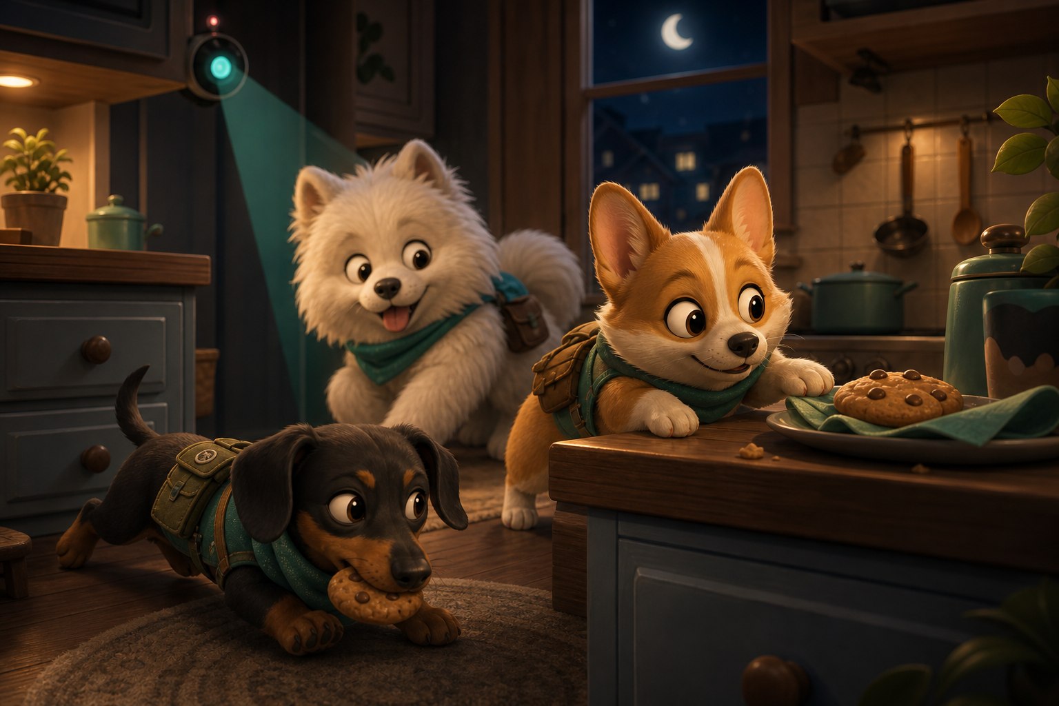 Paw Heist crew sneaking through a cozy kitchen.